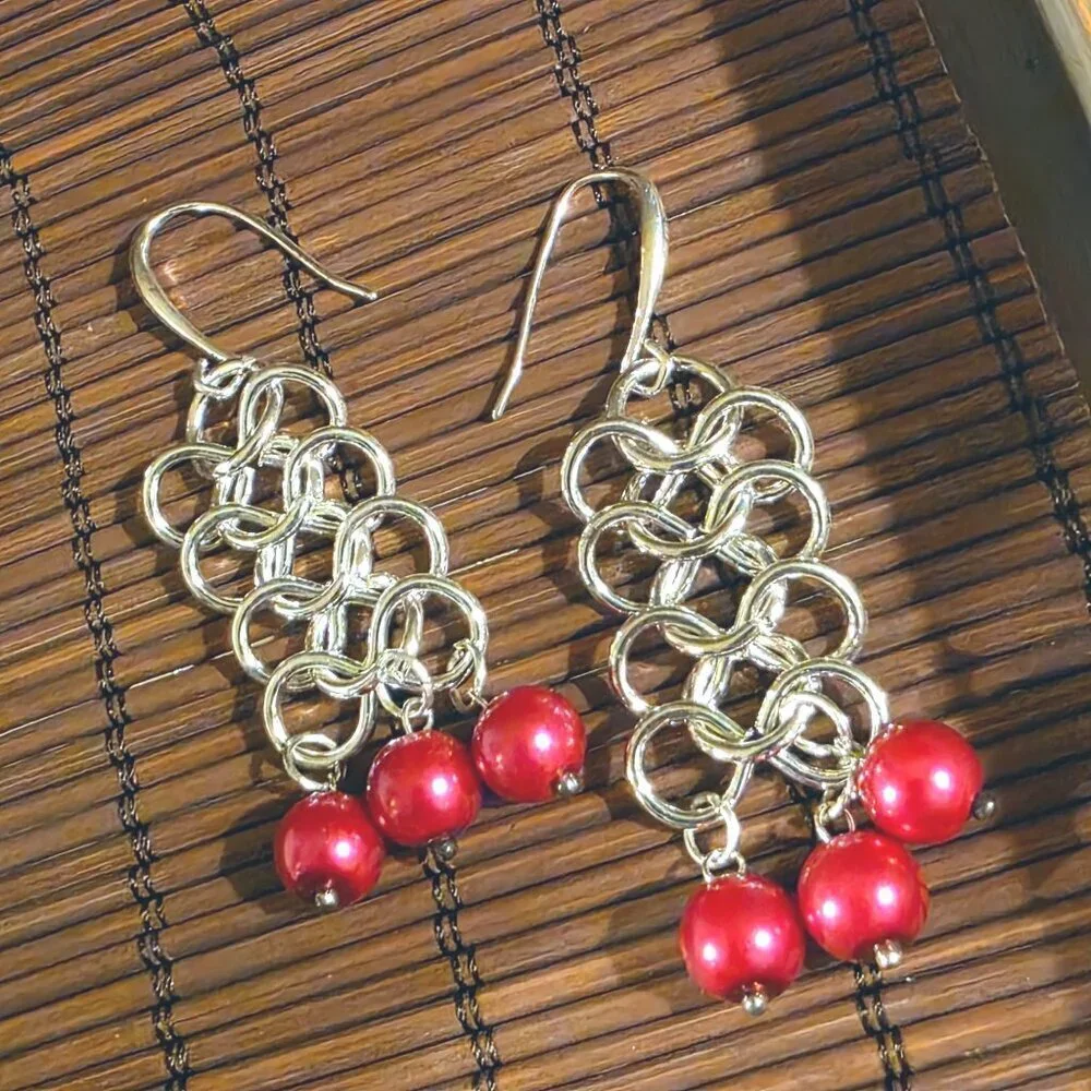 Handmade Red Glass Pearls Edgy Sterling Silver Plated Chainmaille Earrings